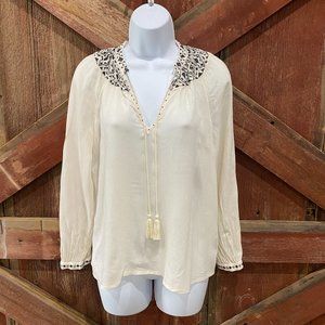 Lucky Brand Woman's Embroidered Beaded Peasant Top Extra Small XS Ivory Black